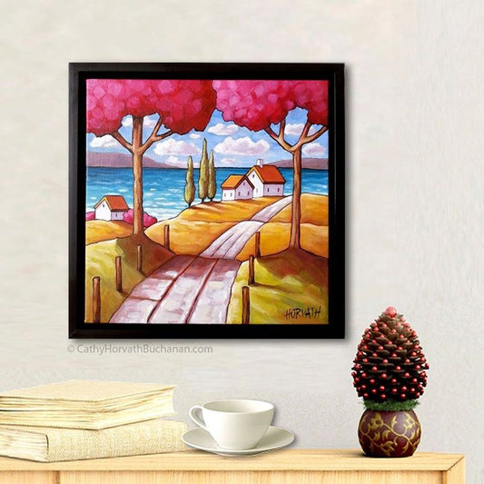 Pink trees beach view original painting