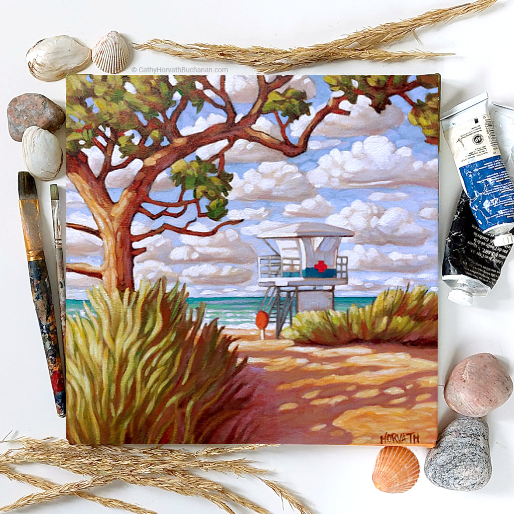 flatlay Lifeguard Tower Beach Original Painting by artist Cathy Horvath Buchanan