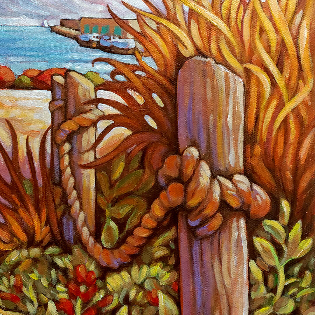 Harbor Posts & Grass, Lakeside Portals, Original Painting 9x12