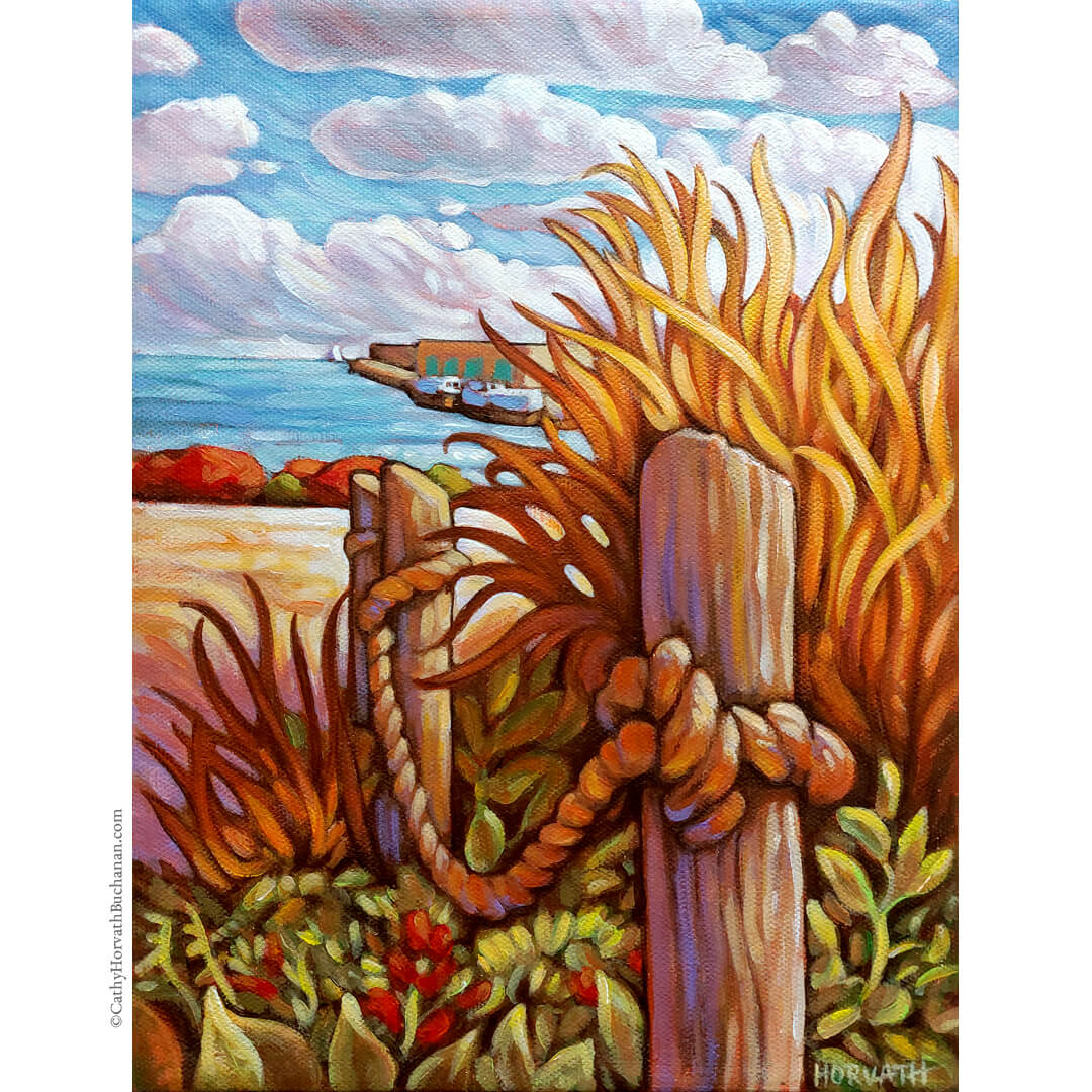 Harbor Posts & Grass, Lakeside Portals, Original Painting 9x12