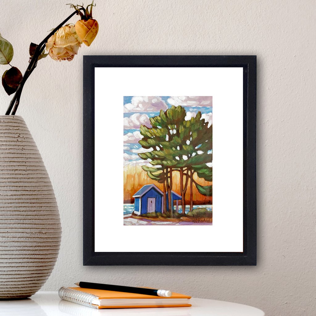 Kettle Creek Boat Launch Hut - Original Painting on Paper on wall framed in black
