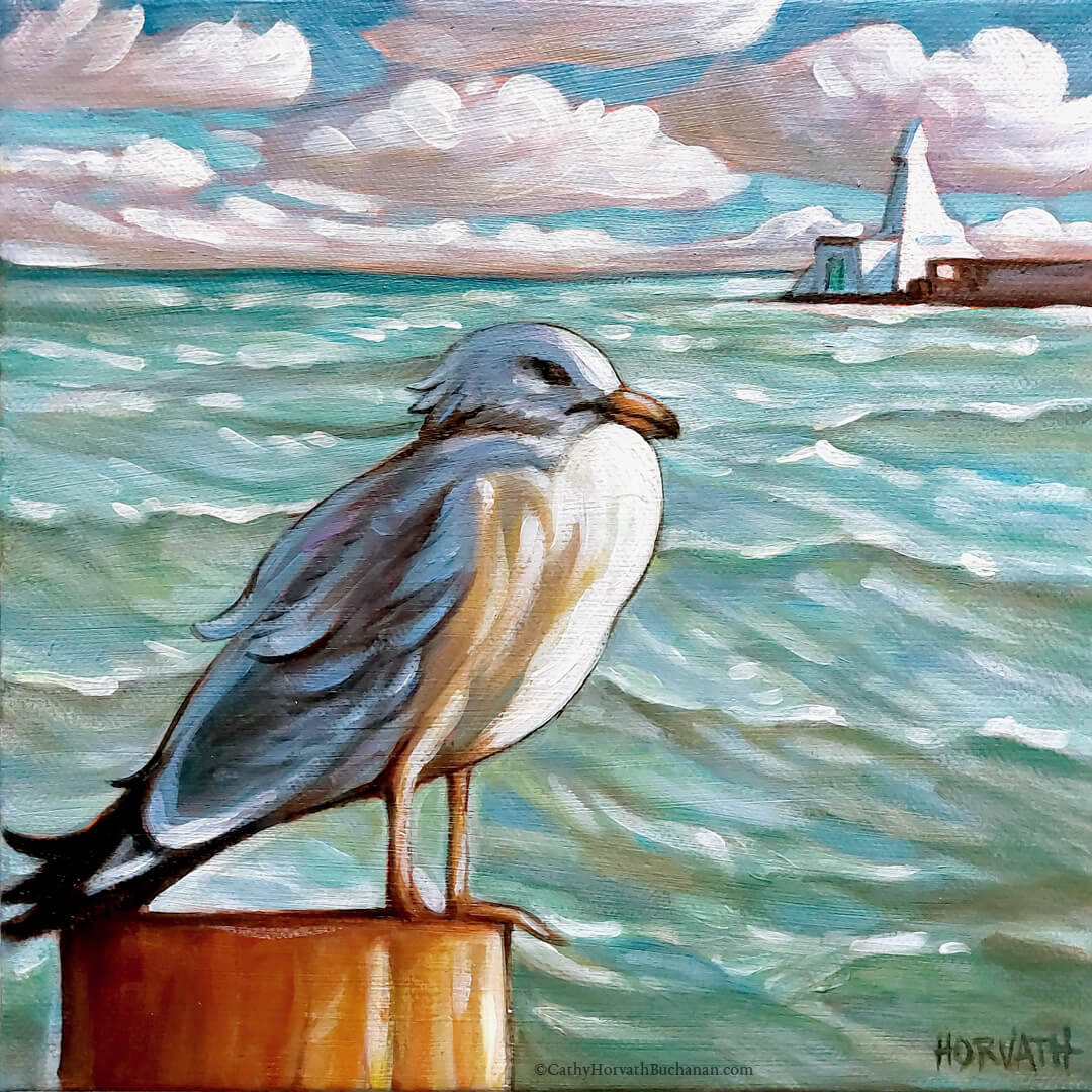 Windy Waves Gull, Lakeside Portals, Original Painting 8x8