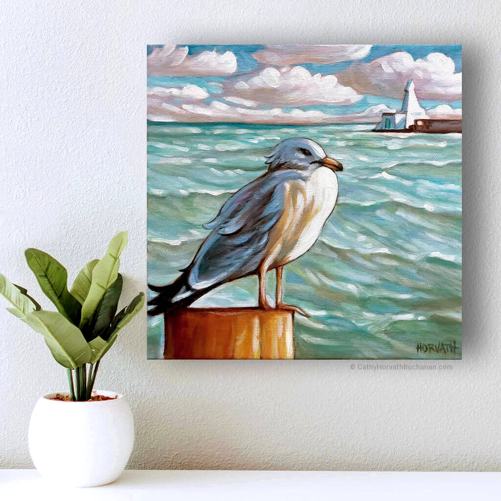 Windy Waves Gull, Lakeside Portals, Original Painting 8x8