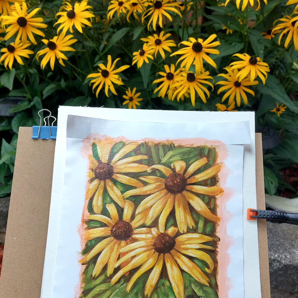 Black Eyed Susans Original Painting on Paper in situ by artist Cathy Horvath Buchanan