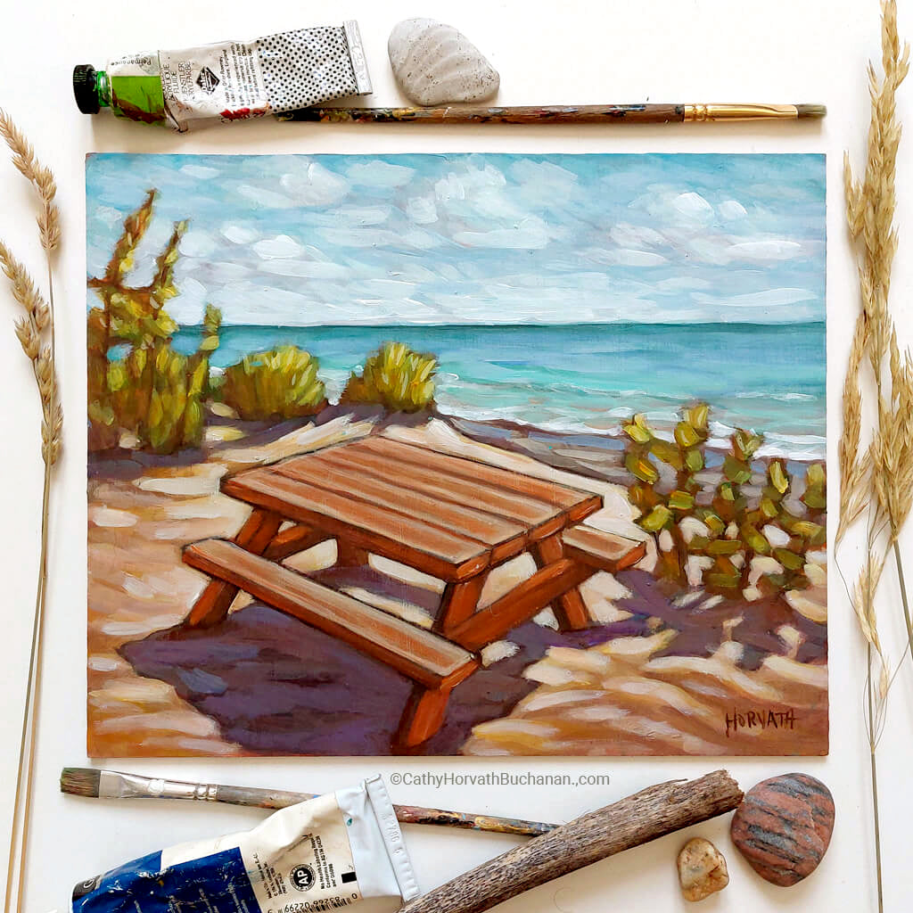 Erie Rest Picnic Table- Original Painting by artist cathy horvath buchanan