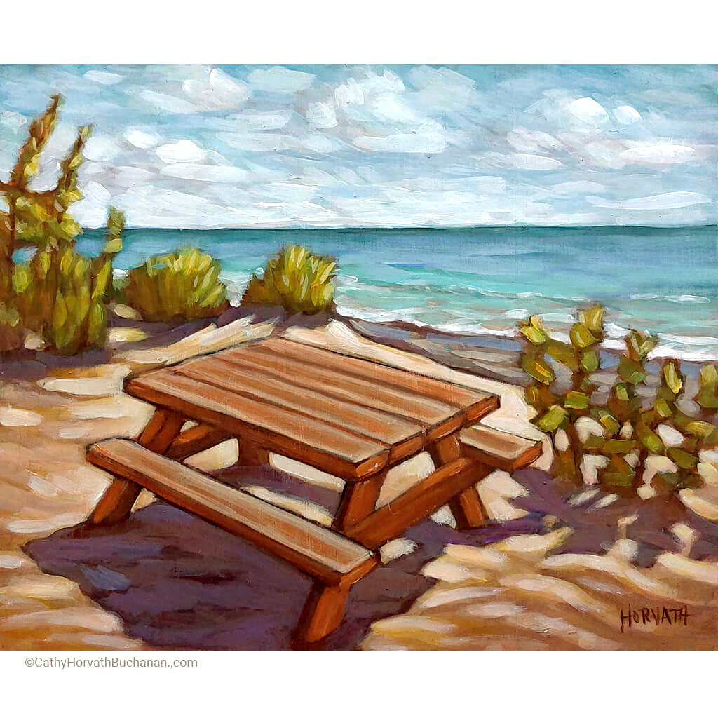 Erie Rest Picnic Table- Original Painting by artist cathy horvath buchanan