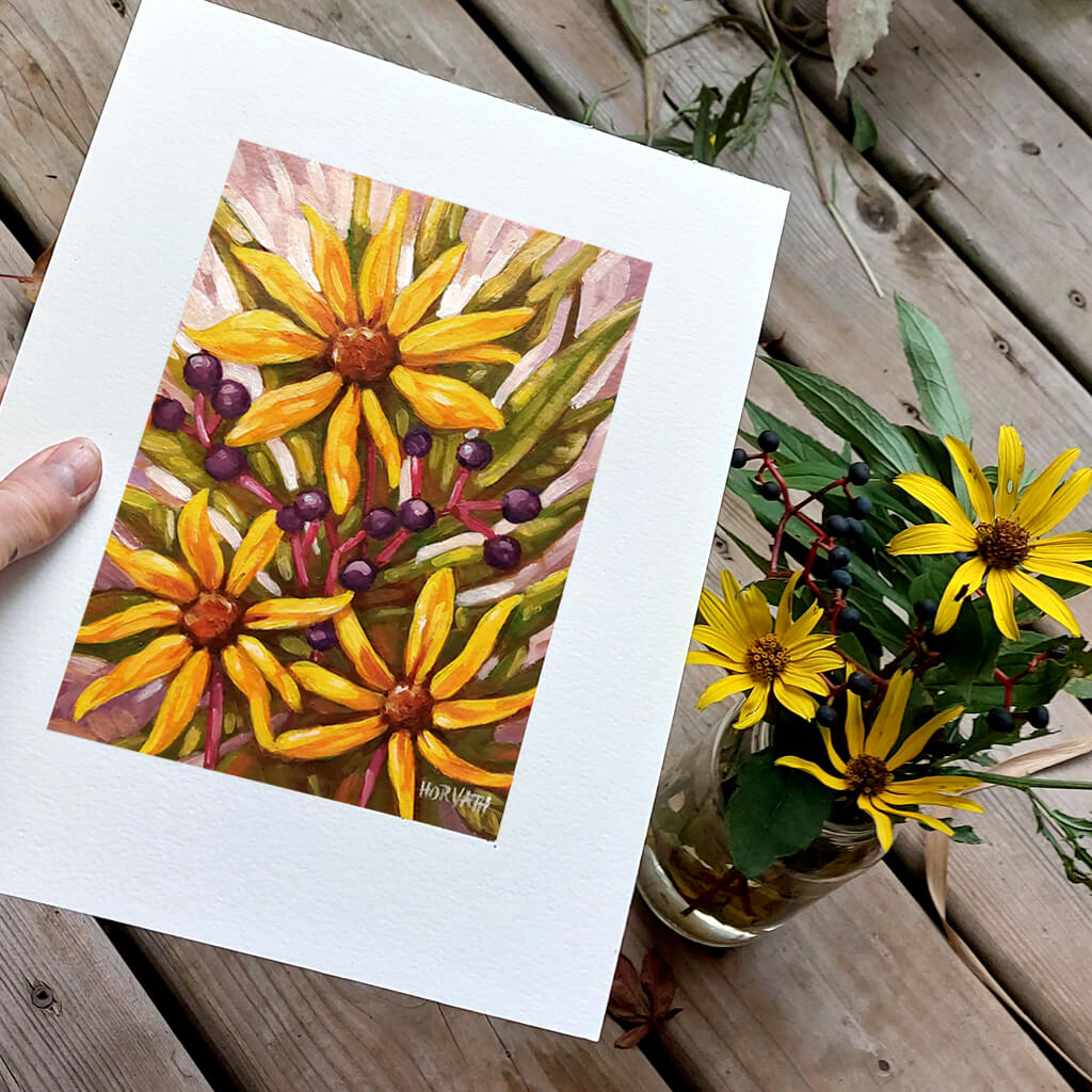 Fall Flowers, Original Painting on Paper in situ by artist Cathy Horvath Buchanan