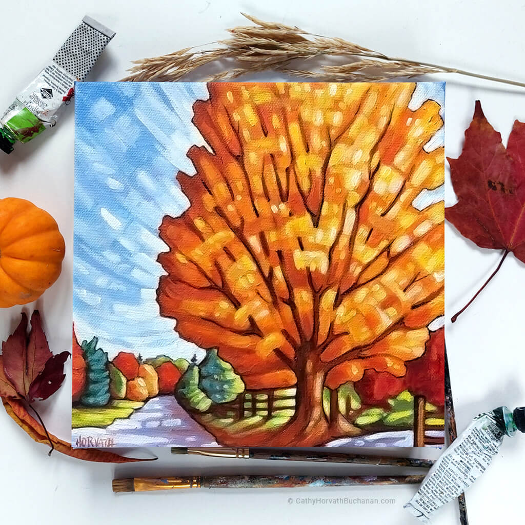 Golden Tree Light- Original Painting flat lay by artist Cathy Horvath Buchanan
