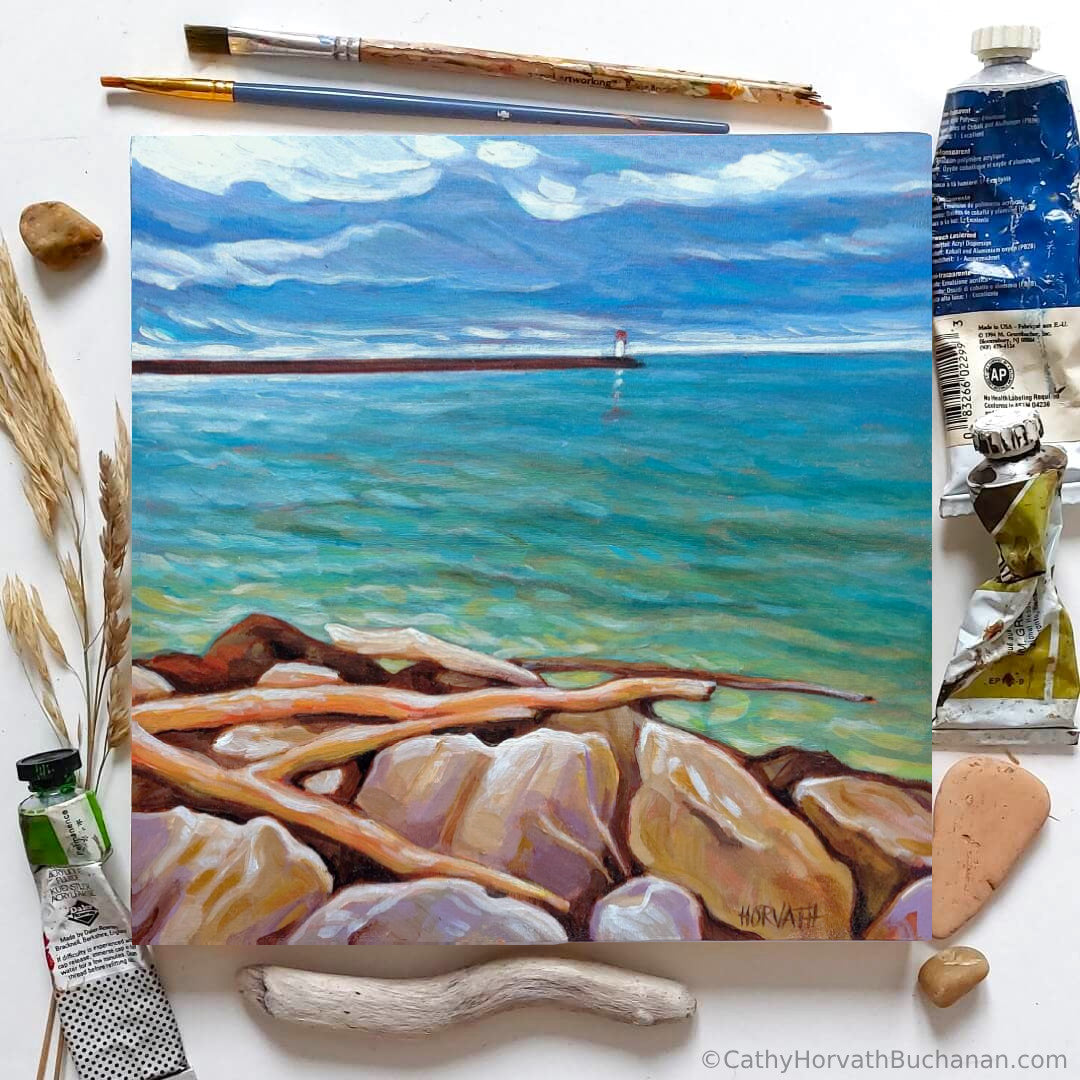 Harbor Rocks, Original Painting 8x8