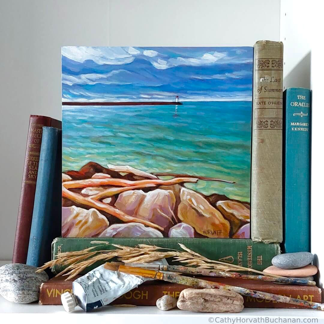 Harbor Rocks, Original Painting 8x8