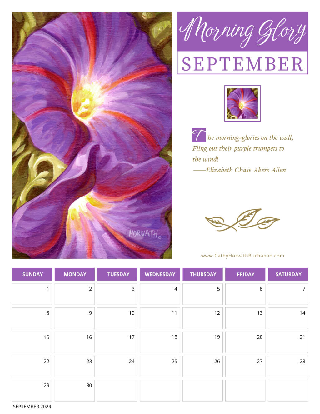 2024 Petals in Paint Calendar - Flower Wall Art SEPT by artist Cathy Horvath Buchanan