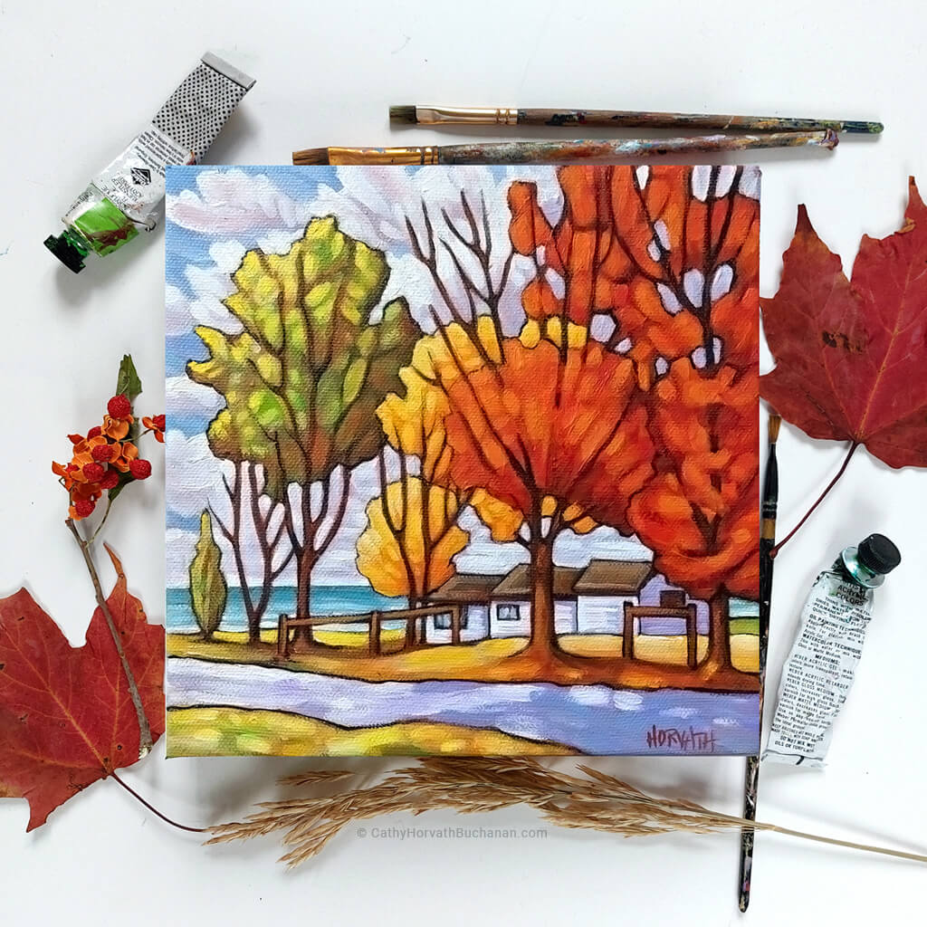 Old Lakeside Cottage - Original Painting flatlay by artist Cathy Horvath Buchanan