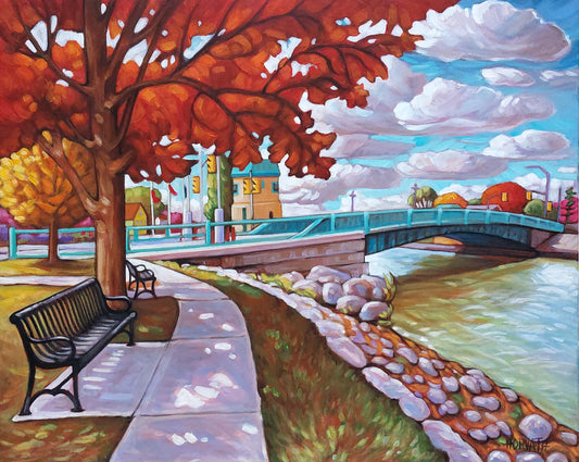 Port Stanley Autumn Bridge Benches Print Giclee