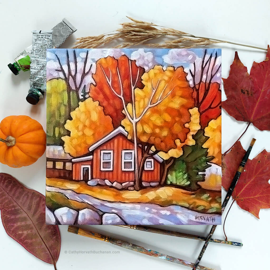 Hillside Red Cottage - Original Painting - Original Painting flatlay by artist Cathy Horvath Buchanan