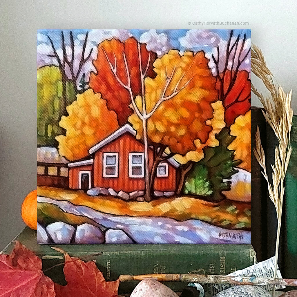 Hillside Red Cottage - Original Painting - Original Painting book case by artist Cathy Horvath Buchanan