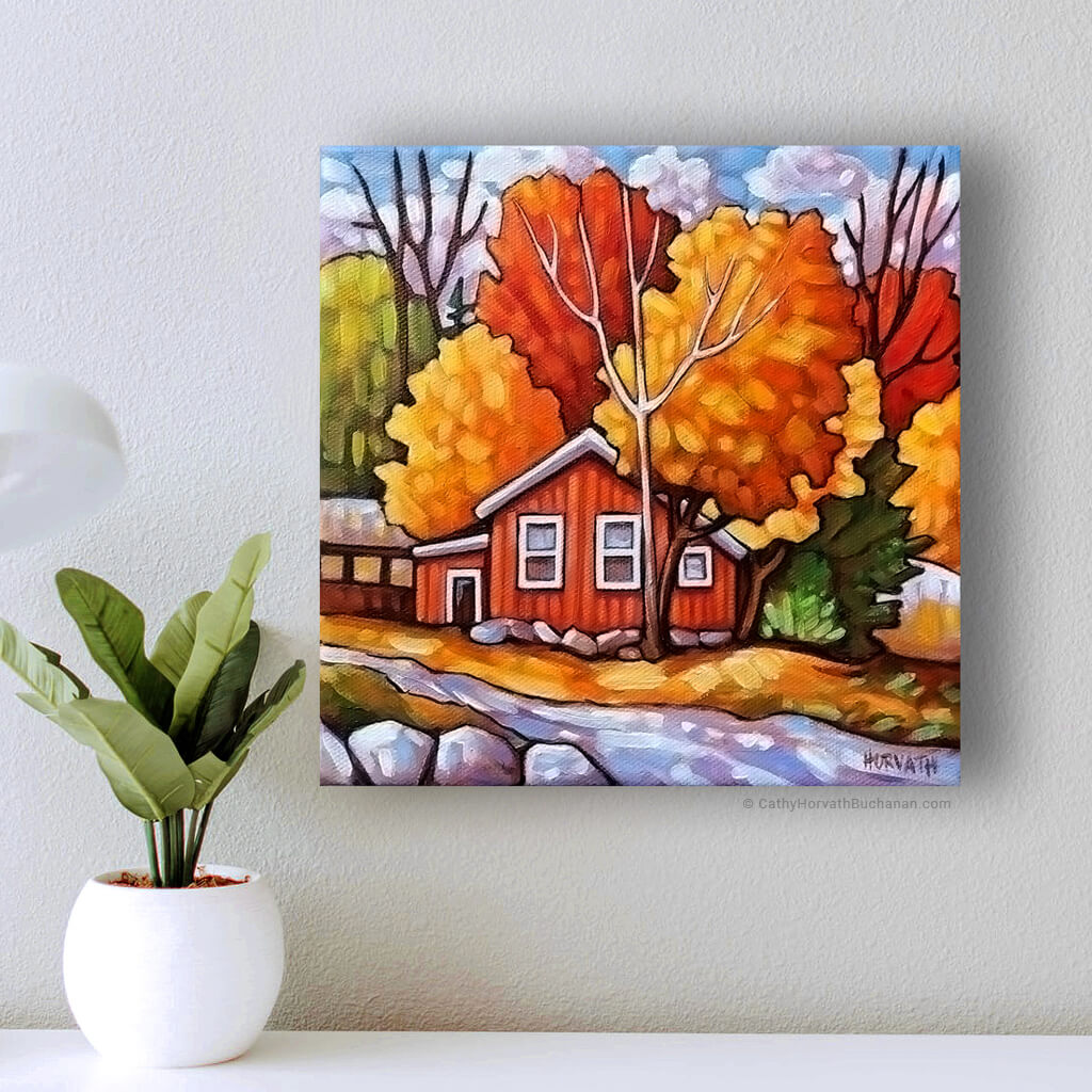 Hillside Red Cottage - Original Painting - Original Painting wall setting by artist Cathy Horvath Buchanan