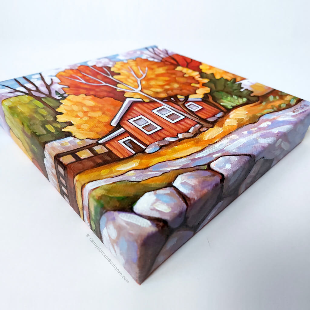 Hillside Red Cottage - Original Painting - Original Painting side view by artist Cathy Horvath Buchanan