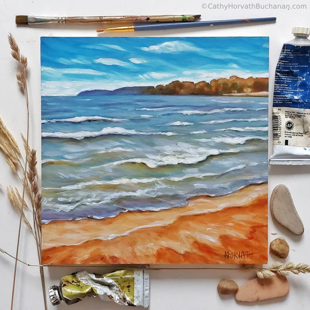 Rolling Waves Beach, Original Painting 8x8