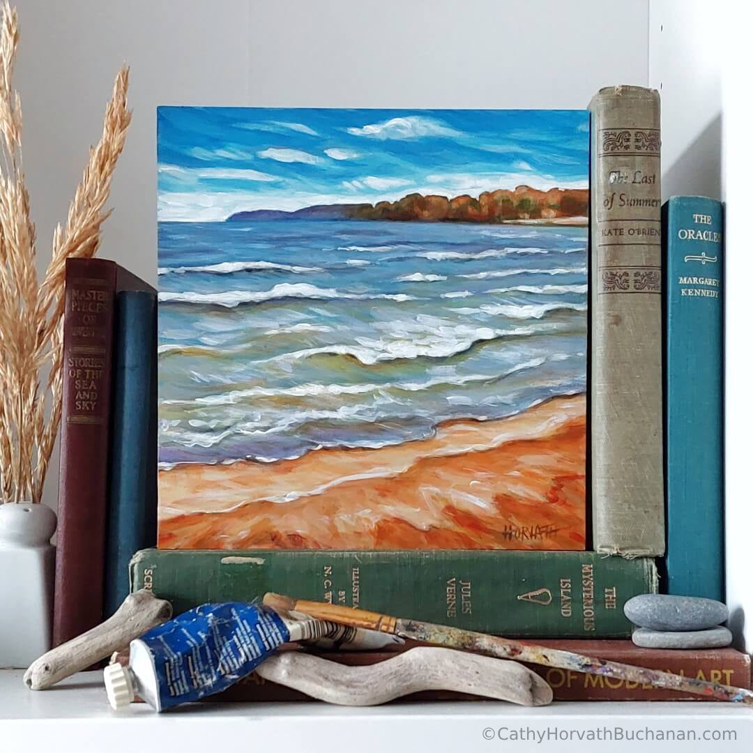 Rolling Waves Beach, Original Painting 8x8