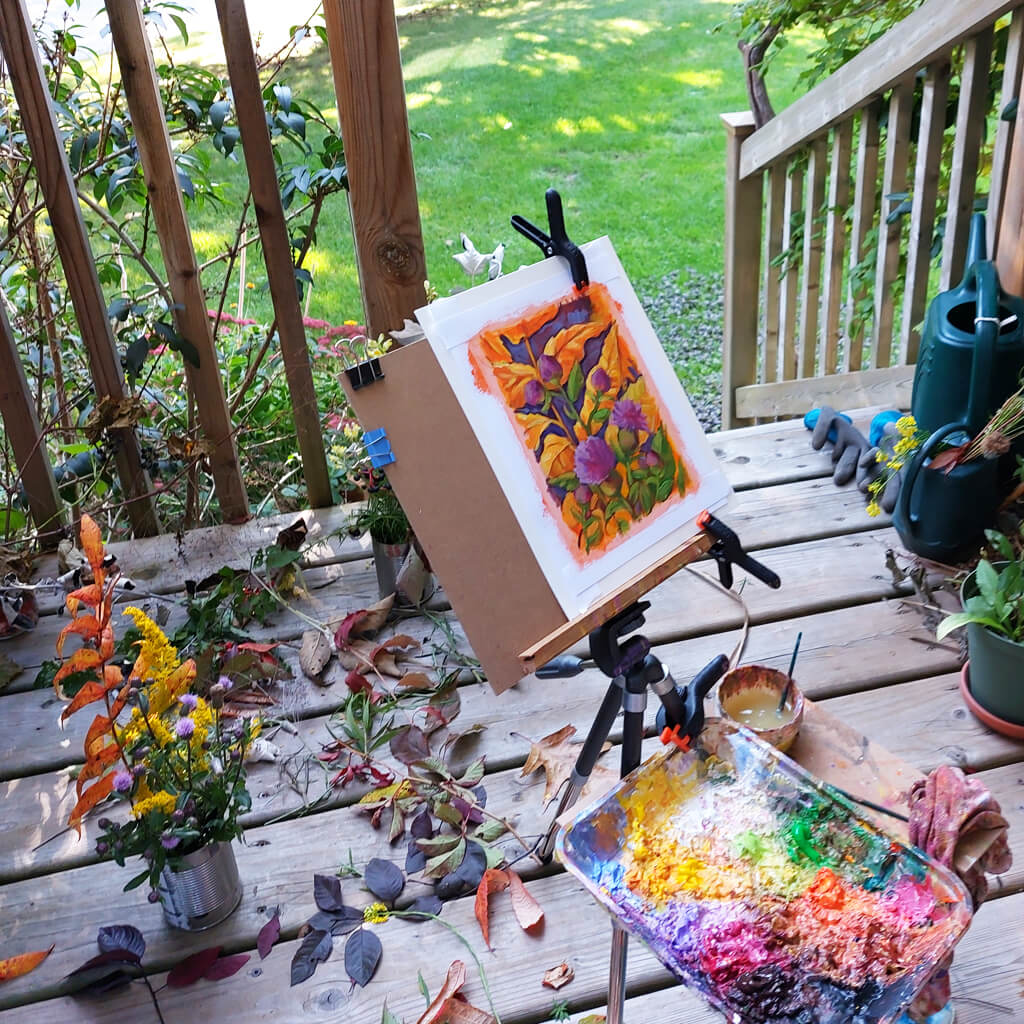 Wild Thistles, Original Painting on Paper in progress by artist Cathy Horvath Buchanan