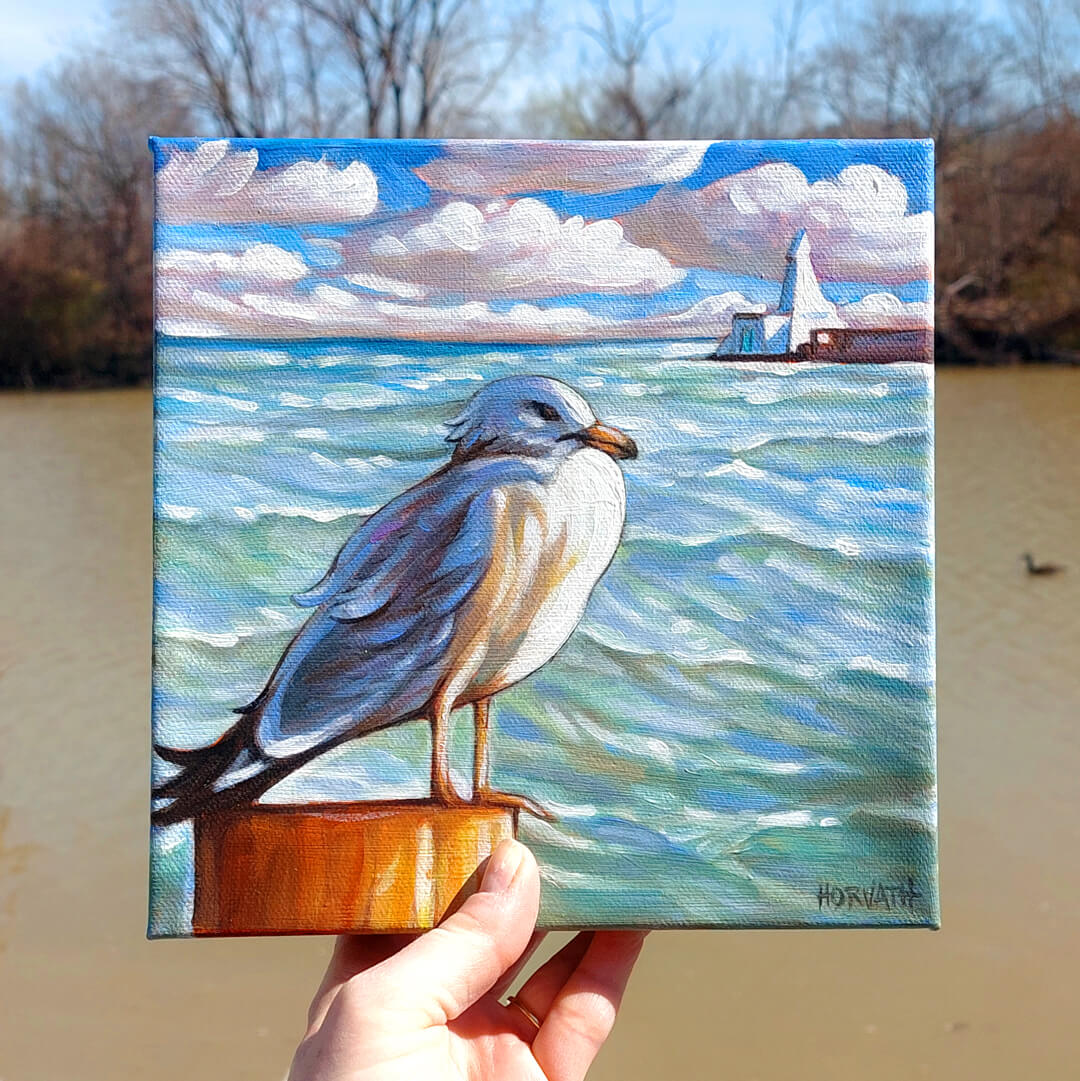 Windy Waves Gull, Lakeside Portals, Original Painting 8x8