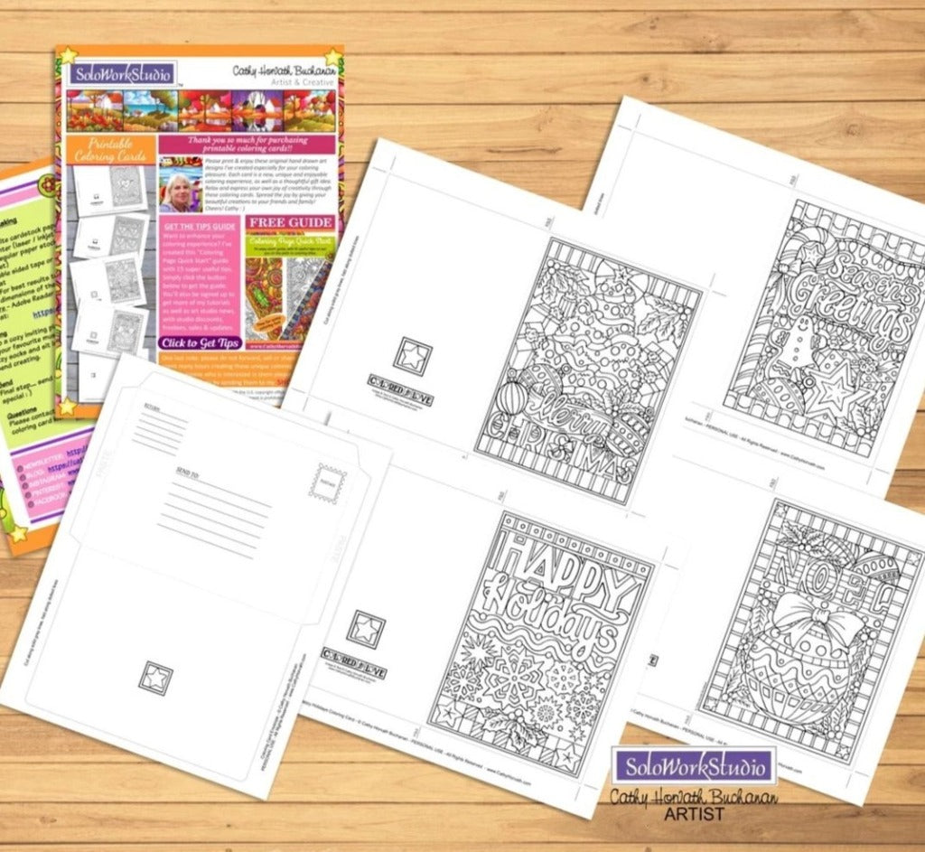 Christmas Holiday Coloring Cards 4 Set Kit + Envelope, PDF Download