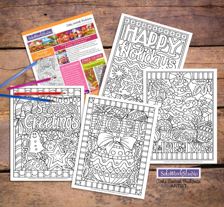 Christmas Holiday Coloring Pages 4 pack, Coloring Book, PDF Download Printable by Cathy Horvath Buchanan