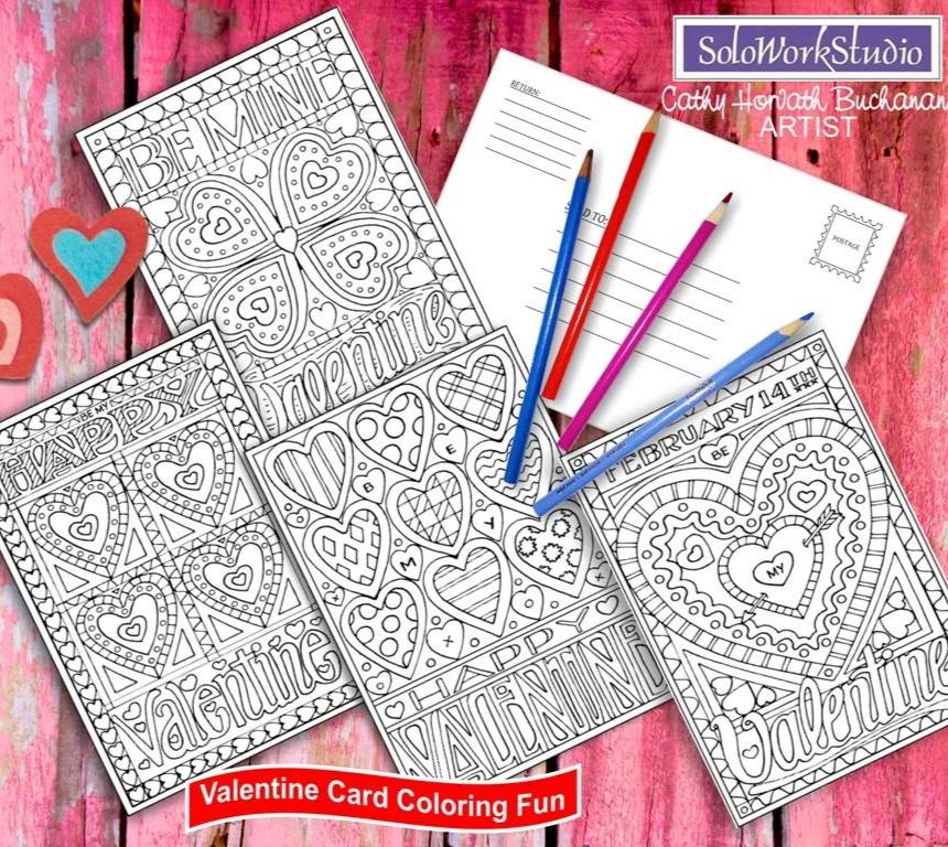 Valentine 4 pack Coloring Card Kit + Envelope, Instant Printable PDF by Cathy Horvath Buchanan