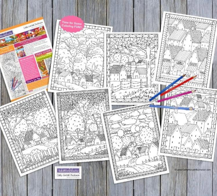 Town Country Village Folk Art Scene Coloring Pages 7 Pack,  PDF Download Printable