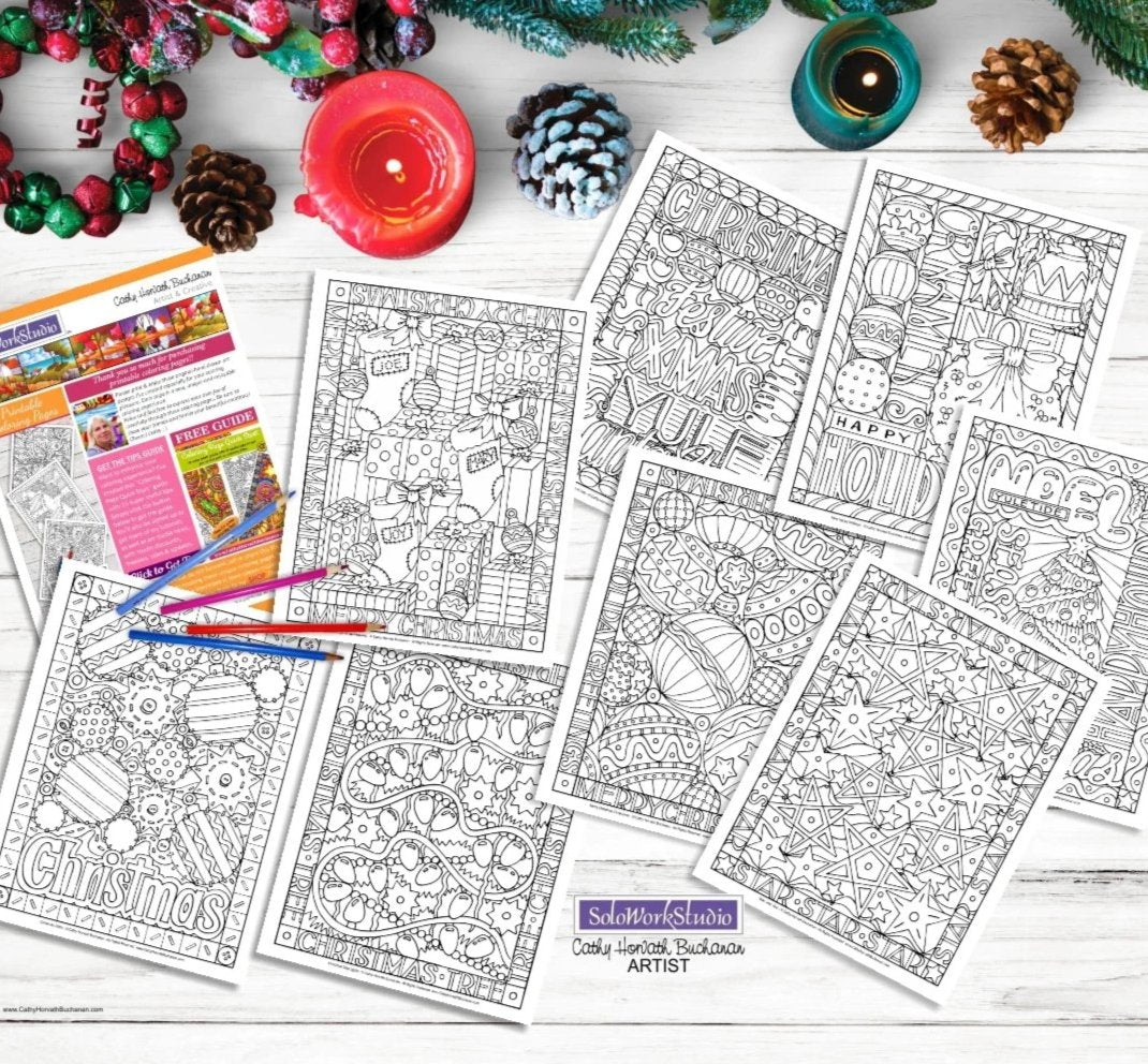 Christmas Holiday 8 Coloring Pages, PDF Printable Download Designs by Cathy Horvath Buchanan