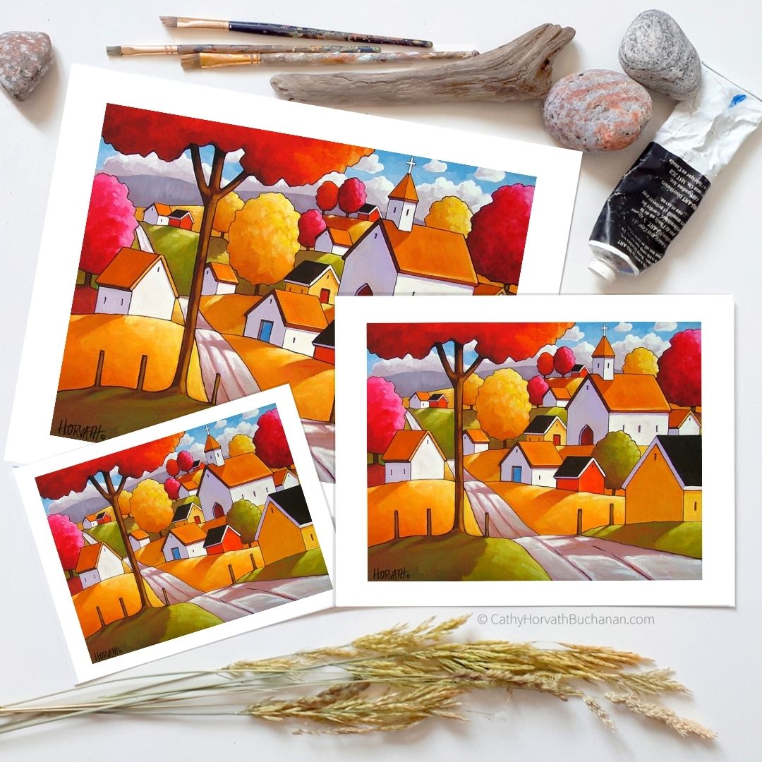 Autumn Town Road, Folk Art Print, Colorful Village Fall Landscape Giclee by artist Cathy Horvath Buchanan