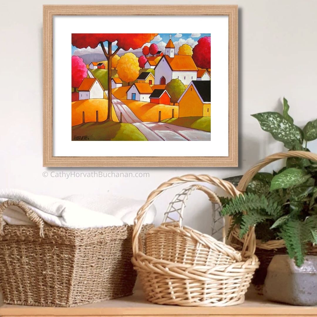 Autumn Town Road, Folk Art Print, Colorful Village Fall Landscape Giclee by artist Cathy Horvath Buchanan