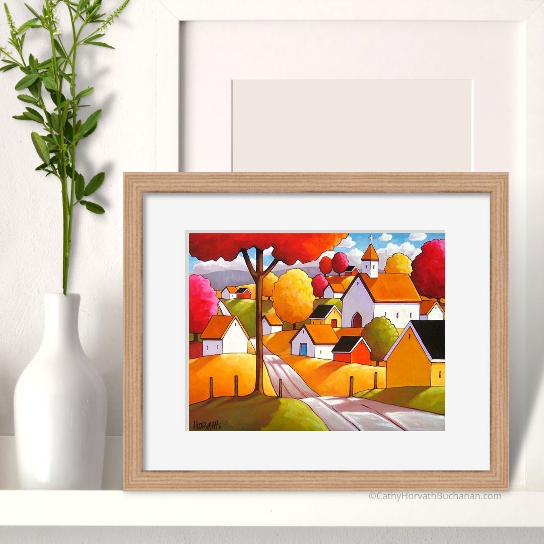 Autumn Town Road, Folk Art Print, Colorful Village Fall Landscape Giclee by artist Cathy Horvath Buchanan