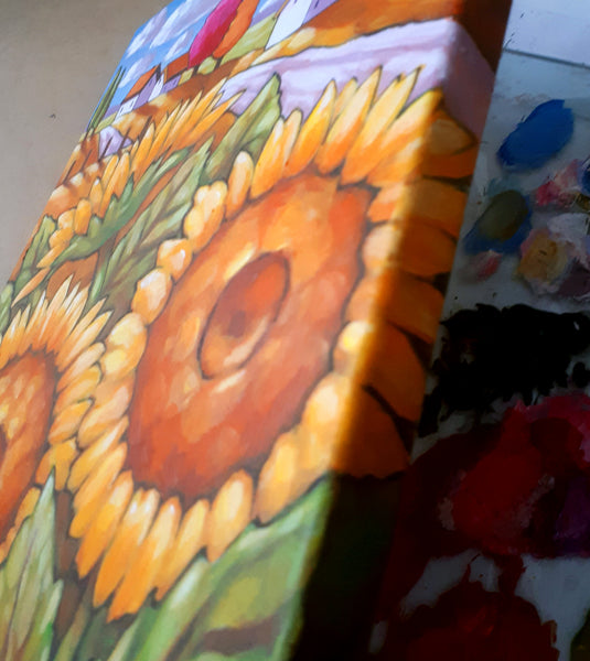 detail 1- sunflowers country painting - by cathy horvath buchanan