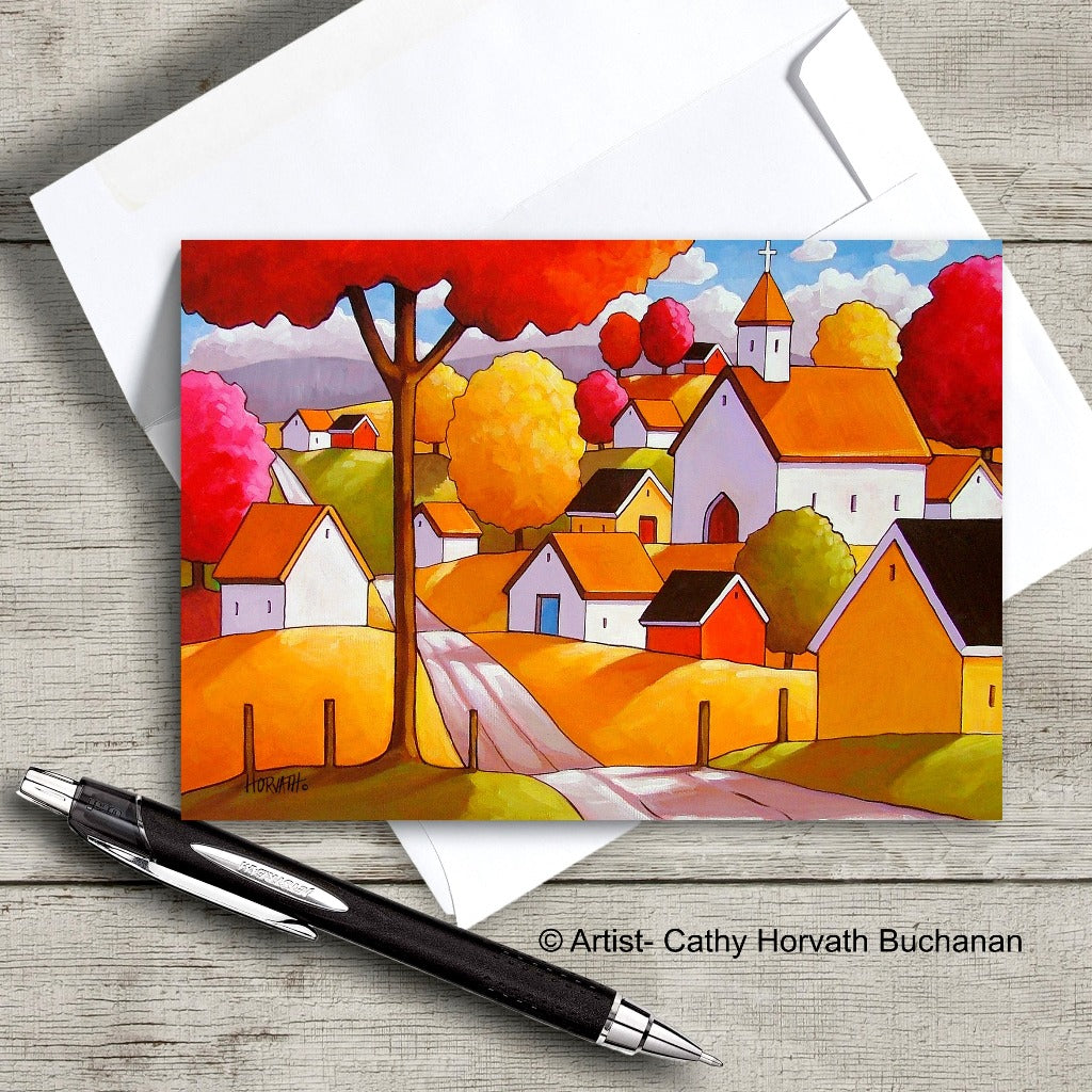 Autumn Town Road - Art Card by artist Cathy Horvath Buchanan