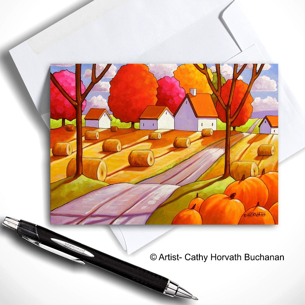 Fall Hay Rolls Pumpkins - Art Card by artist Cathy Horvath Buchanan