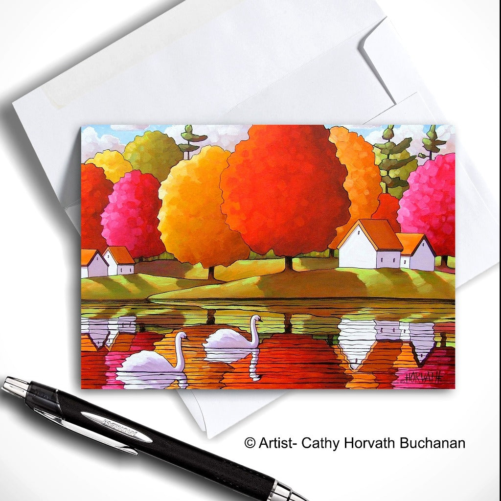 Swans Colors Reflection -  Art Card by artist Cathy Horvath Buchanan