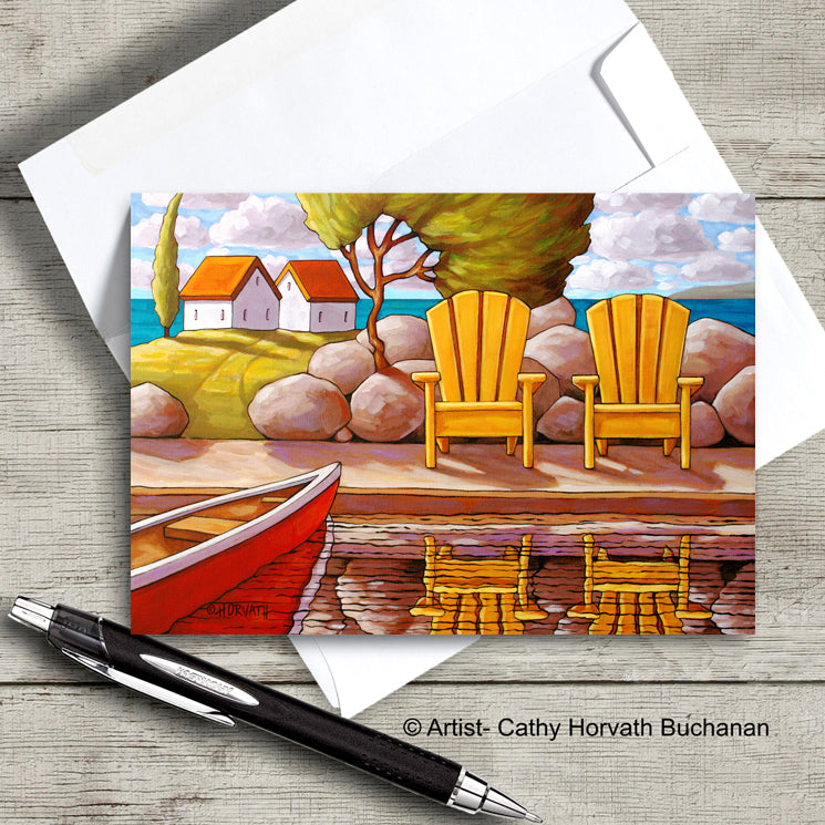 Yellow Dock Chairs Canoe View - Art Card by cathy horvath buchanan