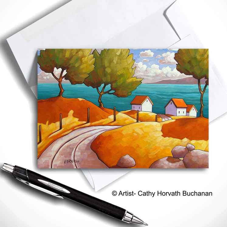 colorful coastal landscape with curving road and cottages art card with envelope by artist Cathy Horvath Buchanan