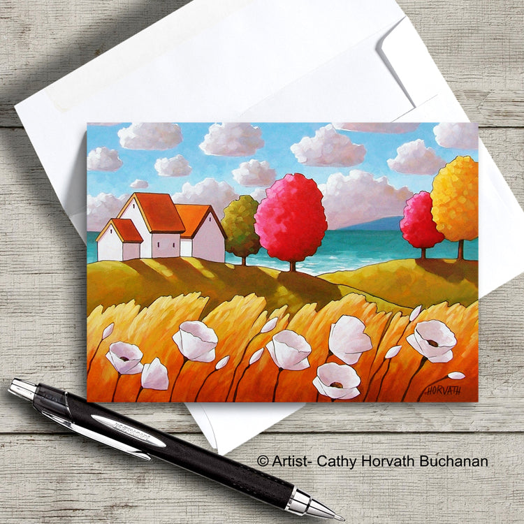 Oceanside White Blooms Cottage Landscape Art Card, Summer Seaside Coastal 5x7 Greeting Card on wood by Cathy Horvath Buchanan
