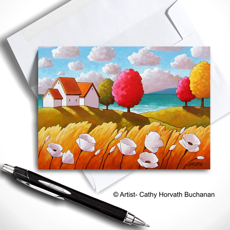 Oceanside White Blooms Cottage Landscape Art Card, Summer Seaside Coastal 5x7 Greeting Card on white by Cathy Horvath Buchanan