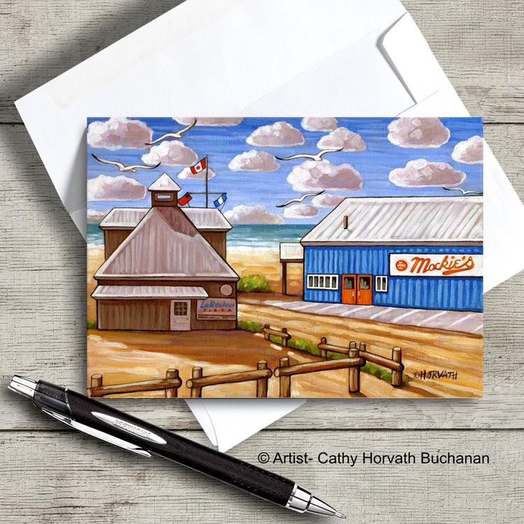 Port Stanley Mackies Beach scene on an art card with envelope by artist Cathy Horvath Buchanan