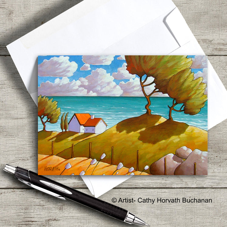 seaside landscape with windy tree and cottages art card with envelope by Cathy Horvath Buchanan