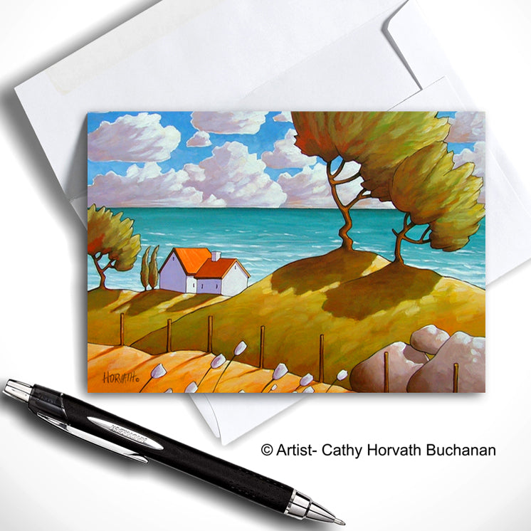 seaside landscape with windy tree and cottages art card with envelope by Cathy Horvath Buchanan