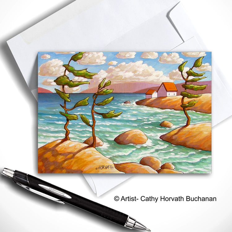 windy coastal landscape with trees rocks cottages art card with envelope  by Cathy Horvath Buchanan