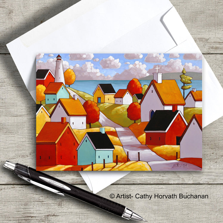 coastal lighthouse village road art card with envelope by artist Cathy Horvath Buchanan