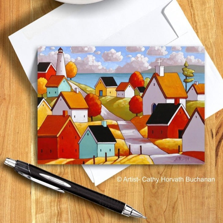 Lighthouse Ocean Town Road Art Card, Summer Coastal 5x7 Greeting Card by cathy horvath buchanan