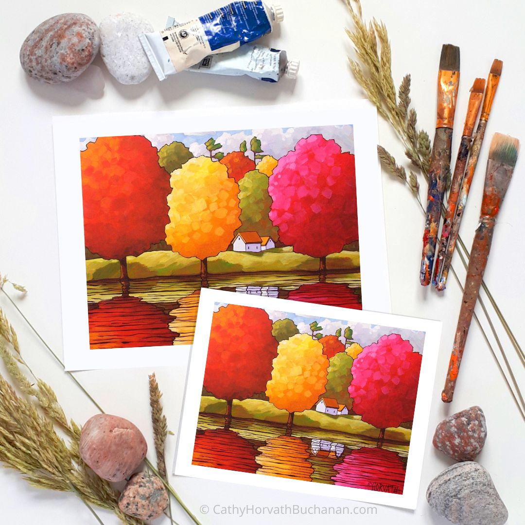 Fall Trees Reflection Art Print Wall Decor, Colorful Autumn River Giclee by artist Cathy Horvath Buchanan
