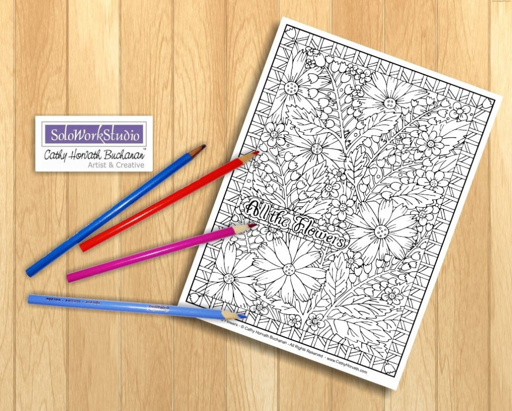 Flower Doodle Art Coloring Pages 5 Pack, PDF Download Printable by Cathy Horvath Buchanan