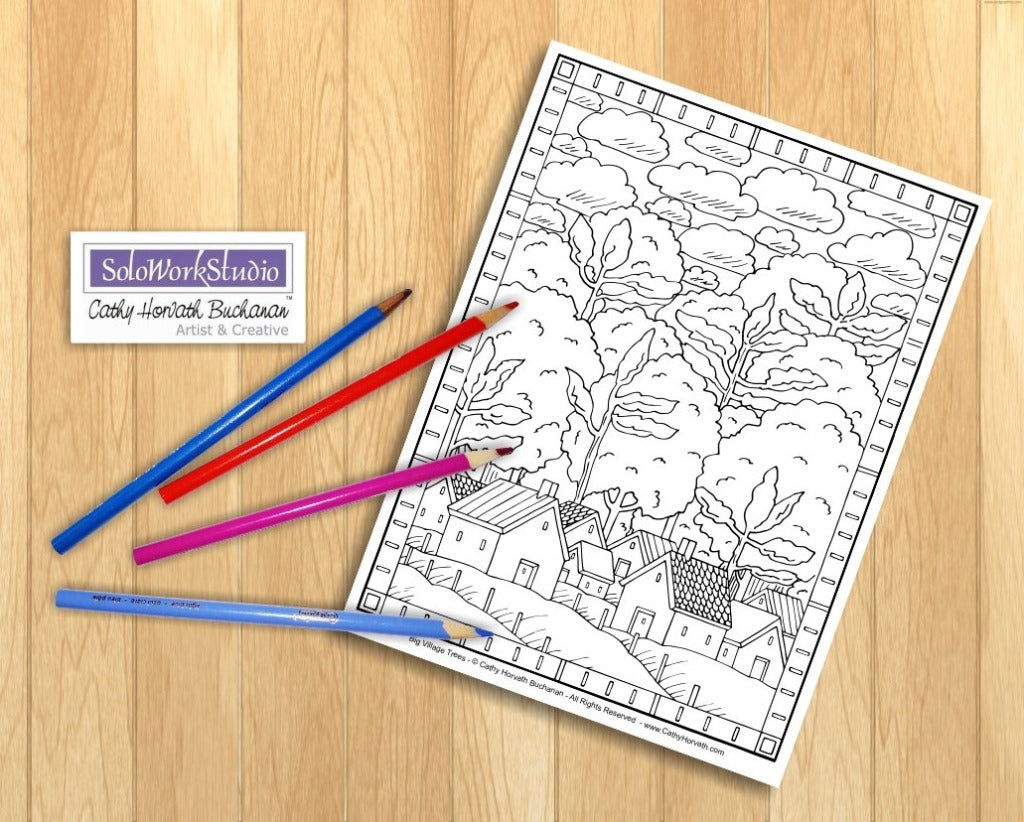 Folk Art Town Village Landscape Coloring Pages 4 Pack, PDF Download Printable by Cathy Horvath Buchanan